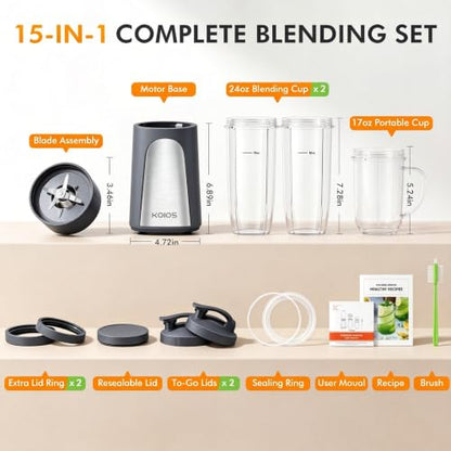 KOIOS 1000W Smoothie Blender, 15-in-1 Single Serve Set, Press-Twist Design - color: Grey
