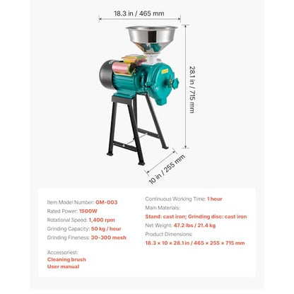 Electric Grain Mill for Flour, Wheat Grinder Mills for Kitchen, 1500W