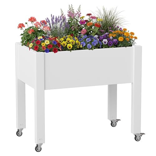 Raised Garden Bed with Wheels, Resin Elevated Planter Box, White - color: Medium Ashen, size: 26.3" H