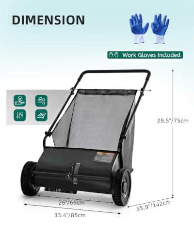 Push Lawn Sweeper, 33.4 in Yard Sweeper with 8 cu ft Bag - color: Black, size: 33.4 in