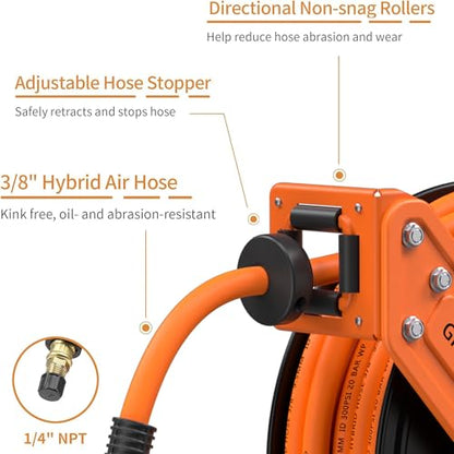 Giraffe Tools Retractable Air Hose Reel 50ft with Swivel Bracket 3/8" - size: 50ft
