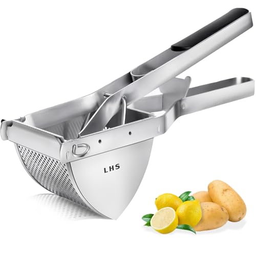 LHS Stainless Steel Potato Ricer and Masher, Heavy Duty Commercial Food Masher, Ergonomic Comfort Grip, Extra Large Capacity, Dishwasher Safe (Black) - color: Black
