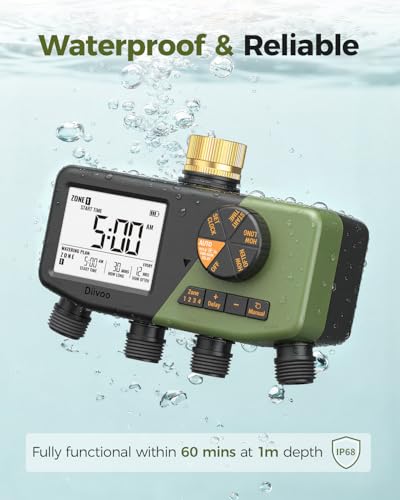 Diivoo 4 Zone Sprinkler Timer with IP68 Waterproof & Large Display - size: 4 Outlets