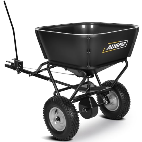 AugFir Tow Behind Broadcast Spreader, 130 LBS Capacity Lawn Fertilizer Spreader for Riding Mower, ATV, UTV & Tractor, 12 FT Spread Width Pull Behind Spreader Seeder for Grass Seed, Salt, Ice Melt
