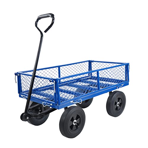 Heavy-Duty Outdoor Utility Cart - Garden Wagon Cart with Removable Sides - Steel Rolling Tool Cart - Foldable Lawn Cart with Wheels - Flatbed Gardening Cart - Yard and Farm Dump Cart wit Handle- Blue - color: Blue