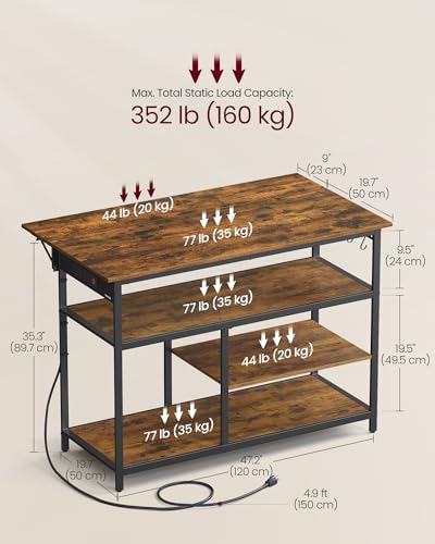 VASAGLE Kitchen Island with Drop Leaf, Power Strip, Pegboard, 47.2" Width - color: Rustic Brown + Ink Black, size: 28.7"D x 47.2"W x 38"H