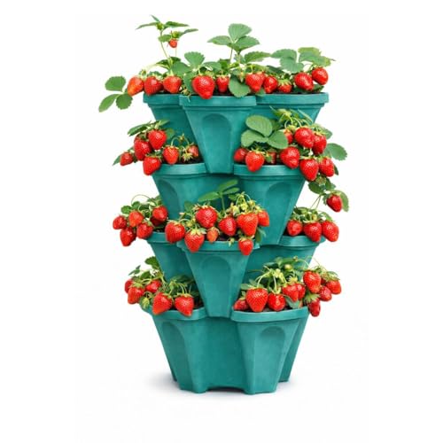 Large Vertical Planter Tower, 4 Tier Stackable Garden Planter, 16 Plant Sites, Heavy Duty Strawberry Planter, Vertical Growing System with Center Hole, Made in USA (Mineral Teal, Large) - color: Mineral Teal, size: Large