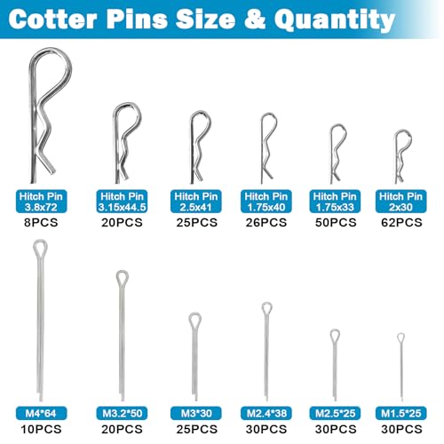 383 PCS Heavy Duty Pin Assortment Kit, Hitch Pins R Clip PIns/Hair Pins/Lynch Pins /PTO Pins/Clevis Pins/Cotter Pins for Trucks Trailers Tractors Mowers 3 Point Accessories, Farm,Lawn and Garden