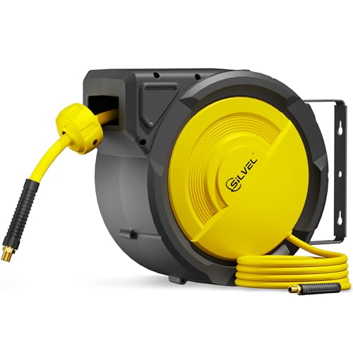 SILVEL Retractable Air Hose Reel, 3/8 in x 80FT Hybrid Hose Max 300PSI, Air Compressor Hose Reel with 6.5Ft Lead in, Auto-Rewind & 180° Swivel Bracket, Ceiling/Wall Mount for Garage, Workshop, DIY - size: 80FT