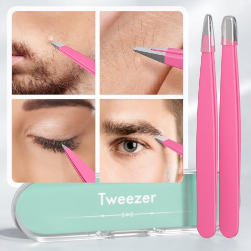 Tweezers for Women Facial Hair, Slant & Pointed Tweezers for Eyebrows, Ingrown Hair, Splinter Removal, 2 Pack Tweezer Set, Professional Stainless Steel Eyebrow Tweezers for Men and Women, Pink - color: Pink - 2 Pack
