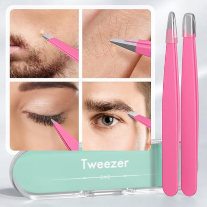 Tweezers for Women Facial Hair, Slant & Pointed Tweezers for Eyebrows, Ingrown Hair, Splinter Removal, 2 Pack Tweezer Set, Professional Stainless Steel Eyebrow Tweezers for Men and Women, Pink - color: Pink - 2 Pack