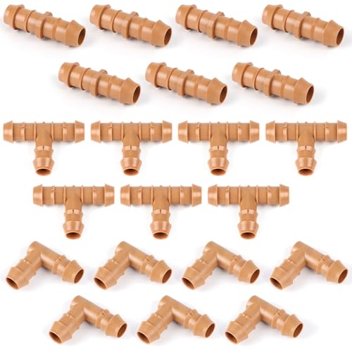 Drip Irrigation Fittings Kit for 1/2" Tubing, 21 Pieces Drip Line Barbed Connectors for 1/2 Inch Irrigation Tubing Includes 7 Couplings 7 Tees 7 Elbows - size: 1/2" 24P Barbed Fittings