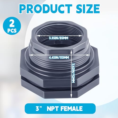 2 Pcs 3 Inch Bulkhead Fitting PVC Npt Tank Connector - size: 3 Inch