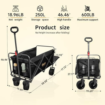 Collapsible Folding Wagon with Tailgate and Brake, Duty Utility Cart - color: Black, size: Large with Tailgate
