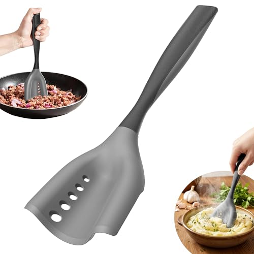 2-in-1 Mincing Spatula Meat Chopper & Potato Masher, Premium Heat Resistant Ground Beef Smasher Hamburger Grinder with Perforated Design, Silicone Non-Stick for Cooking - Black - size: 11 x 2 inches