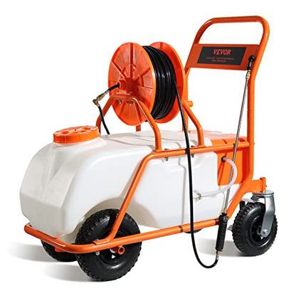 VEVOR Battery Powered 15 Gallon Garden Weed Sprayer with Wheeled Cart, 126FT Hose with Reel, 8 Nozzles, 2 Wands with Lock Trigger, 0-90PSI, 5-6h Spray Time, Wide Mouth Lid, Rotating Wheels with Brake - size: 15 Gal-Custom Bulit Cart