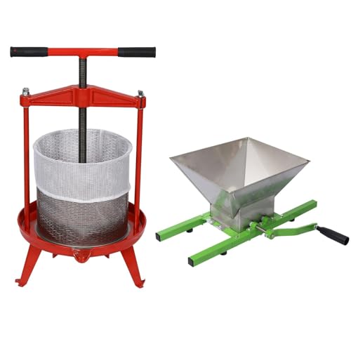 Manual Fruit and Wine Press Crusher Set - Stainless Steel Apple, Grape & Berry Juicer for Homemade Cider, Wine Making with 1.8 Gallon Capacity Crusher and Large Volume Press, Red