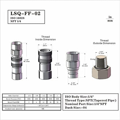 2-Sets ISO16028 1/4" Flat Face Hydraulic Quick Connect Coupling/Coupler Set W/Black Dust Cap 1/4'' NPT Thread - size: 2-Sets 1/4" NPT