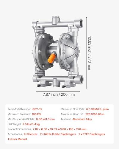 VEVOR Air Operated Double Diaphragm Pump, 6.6 GPM, 3/8 inch Inlet & Outlet Pneumatic Waste Oil Transfer Pump, Max 100 PSI, Aluminum Alloy Body, Air-Operated for Diesel, Grease, Kerosene, Gasoline - style: 3/8 inch 6.6GPM Aluminum Alloy