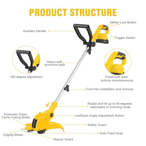 12 Inch Electric Weed Wacker with 2 x2.5Ah Battery Powered Weed Eater - color: Pale Yellow