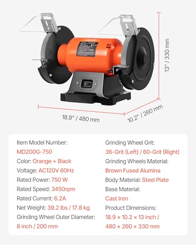 VEVOR Bench Grinder, 8-inch Single Speed, 3450RPM High-Speed Table Grinders with 750W 6.2A 1.0Hp Induction Motor, 36/60-Grit Grinding Wheel & Adjustable Eye Shield for Fast Sharpening Grinding
