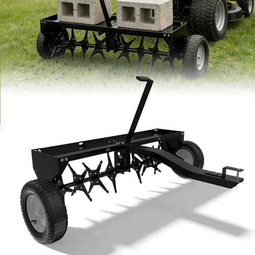 48" Tow Behind Aerator, Pull Behind Lawn Aerator Tool with Universal Hich, 32 Rust-Proof Knives & Heavy-Duty Tires, Plug Aerator for Yard & Garden Compacted Soil, Fits Lawn Tractors, ATV, UTV, Black - color: Black, size: 48IN