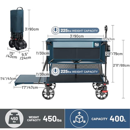Timber Ridge 400L Folding Double Decker Wagon with Brakes, 54" Extra Long - color: Blue, size: Double Decker