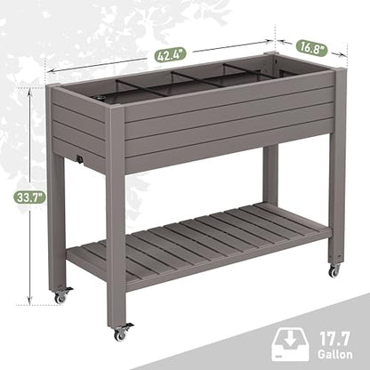 Raised Garden Bed with Shelf, Rolling Resin Planter Box, Gray - color: Gray, size: 33.7" H