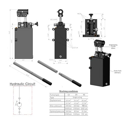 Spare Parts Holland - Single Acting Hydraulic Piston Hand Pump with Release Knob, Hand Operated Hydraulic Pump 3/8" NPTF Ports (1.5 CID 3 Qrt Tank (0.80 Gal) - size: 1.5 CID 3 Lt. tank (0.80 Gal)
