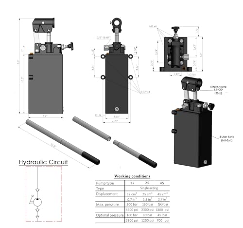 Spare Parts Holland - Single Acting Hydraulic Piston Hand Pump with Release Knob, Hand Operated Hydraulic Pump 3/8" NPTF Ports (1.5 CID 3 Qrt Tank (0.80 Gal) - size: 1.5 CID 3 Lt. tank (0.80 Gal)
