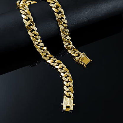 JUNVirtuous Cuban Link Chain Mens Iced Out Miami Cuban Necklace Silver/Gold Bling Diamond Hip Hop Jewelry for Women - color: 18 inch Gold Necklace Style 2