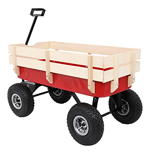 VINGLI Cargo Wagon Garden Cart, All Terrain Wagon with Wood Railing 10-inch Pneumatic Turf Tires Children Garden Outdoor - color: Red