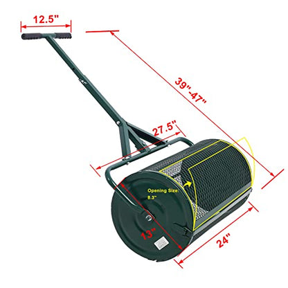 24'' Peat Moss Spreader with Metal Mesh Basket T-Handle for Garden