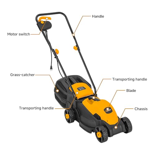Hoteche 10-Amp Corded Electric Lawn Mower - 12.6 Inch Cutting Width, 30L Grass Bag, 3 Height Adjustments (1"-2.2"), Lightweight Walk-Behind Mower for Small/Medium Lawns (Easy Push Design)