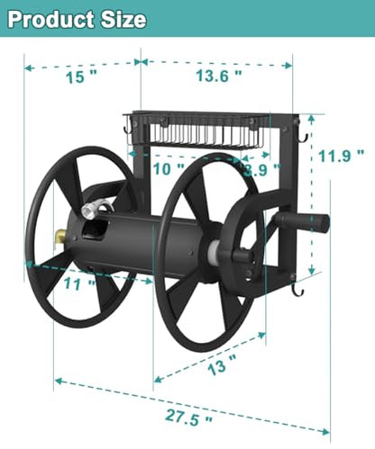 Artigarden Outdoor Wall Mounted Hose Reel with Hook, Garden Heavy-Duty Water Holder Winder with 3.9 ft Leader Hoses, Brass Fitting and Storage Basket for Yard, Holds 125 Ft of 5/8-Inch Hose, Black - color: Black