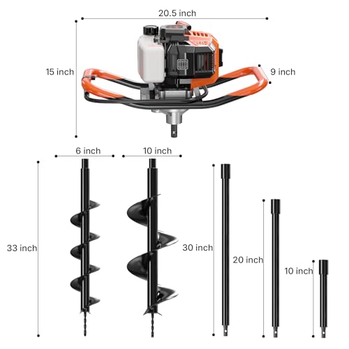 WORKIT 52CC Post Hole Digger, Auger Post Hole Digger Easy Start, 2-Cycle Xtreme Engine, Gas Powered Earth Auger with 6"+10" Auger Drill Bit, 10"+20"+30" Extension Rods, EPA Certification - size: 52cc+2 bit(6"+10")+3 Ext(10"+20"+30")