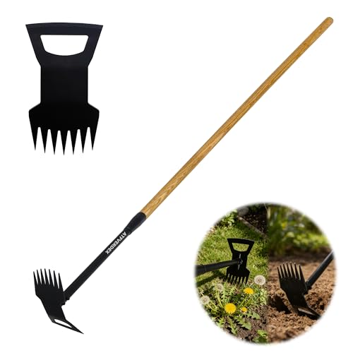 60" Wood Handle Weed Puller Tool, 7-Tine Garden Hoe, Secure Fit, No Bending - size: 7-tooth wooden handle