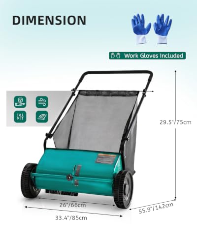 Push Lawn Sweeper, 33.4 in Yard Sweeper with 8 cu ft Bag - color: Green, size: 33.4 in