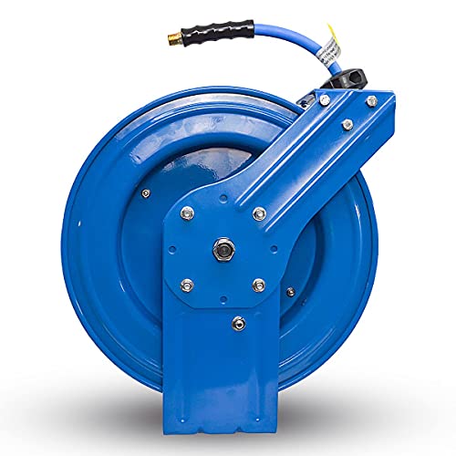 BLUBIRD BBRHD1250 18ga. Retractable Hose Reel with 1/2" X 50' Air Hose, 12 Point Ratcheting Gear, Next-Gen Rubber, Lightest, Strongest, Most Flexible, 300 PSI, -50F to 190F Degrees, Polyester Braided - size: 1/2" x 50' HD