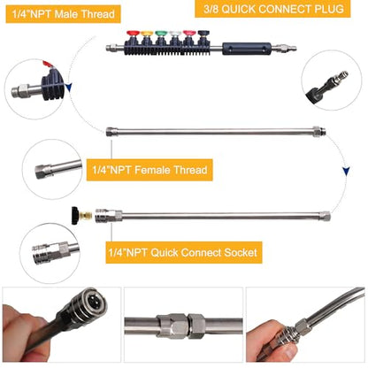 Xiny Tool Pressure Washer Extension Wand, 10 Pack Power Washer Lance with 6 Atomization Nozzle Tips,1 Gutter Cleaner Attachment Curved Rod, 1/4" Quick Connect, 4000 PSI