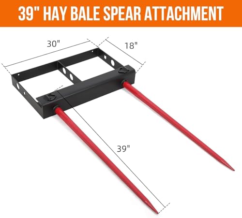 Dual 39-Inch Hay Bale Spear Attachment for Skid Steer Loader & Tractor – 4000 Lbs Capacity Heavy Duty Double Spike Forks – Quick Attach Red/Black Bale Spears – Compatible with Compact Loader