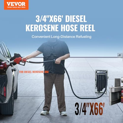VEVOR Fuel Hose Reel, 3/4 inch x 66 ft Retractable, Spring Driven Auto Swivel Rewind, 300 PSI, Heavy-Duty Carbon Steel Construction with Industrial Grade Rubber Hose, for Diesel Fuel, Kerosene - color: 3/4" 60 Ft
