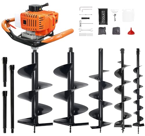 62CC 2-Stroke Gas Powered Post Hole Digger with 4" & 6" & 8" & 12" Auger Bits + 8“ & 12" & 20" Extension Rod, Heavy Duty Earth Auger for Farm, Garden, Landscaping, Construction