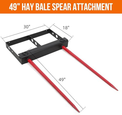 Hay Spear 49",Red Black Double Spear Bale Spear 4000lbs Loading Capacity, Quick Attach Spike Forks Skid Steer Loader Tractor Attachment - size: Double Spear 49"