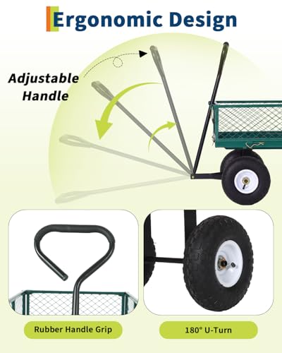 Heavy Duty 400 lbs Steel Garden Cart Wagon – Utility Yard Cart – 10" All-Terrain Pneumatic Tires – Removable Mesh Sides, Waterproof Liner – Easy Maneuvering for Lawn, Farm, Landscaping – - color: Green