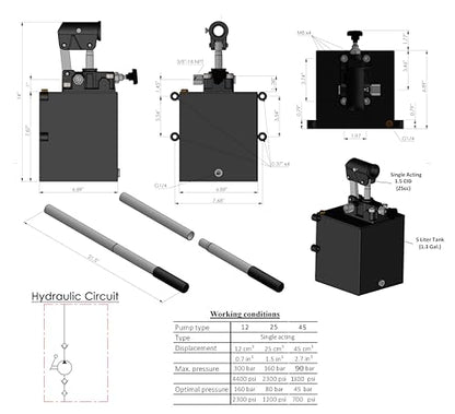 Spare Parts Holland - Single Acting Hydraulic Piston Hand Pump with Release Knob, Hand Operated Hydraulic Pump 3/8" NPTF Ports (1.5 CID 5 Qrt Tank (1.3 Gal) - size: 1.5 CID 5 Qrt tank (1.3 Gal)