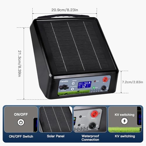 20 Miles Solar Electric Fence Charger Kit, 0.3-2.0J Adjustable, LED - color: Black