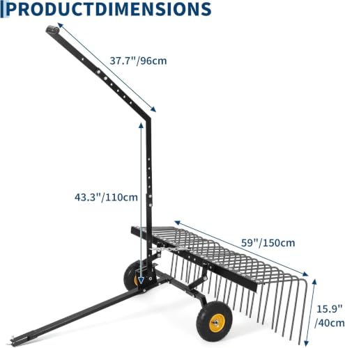 60 Inch Tow Behind Lawn Dethatcher, Tow Behind Steel Pine Straw Rake - color: Black