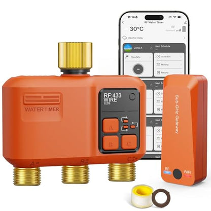 WiFi Sprinkler Timer 3 Zone, Smart Water Timer with Brass Inlet & Outlet - style: 3 Outlet- Brass