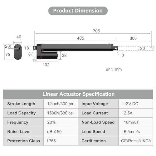 Justech 330LBS/1500N-12inch/300mm 12V Linear Actuator with Bracket, Black - size: 1500N 300mm
